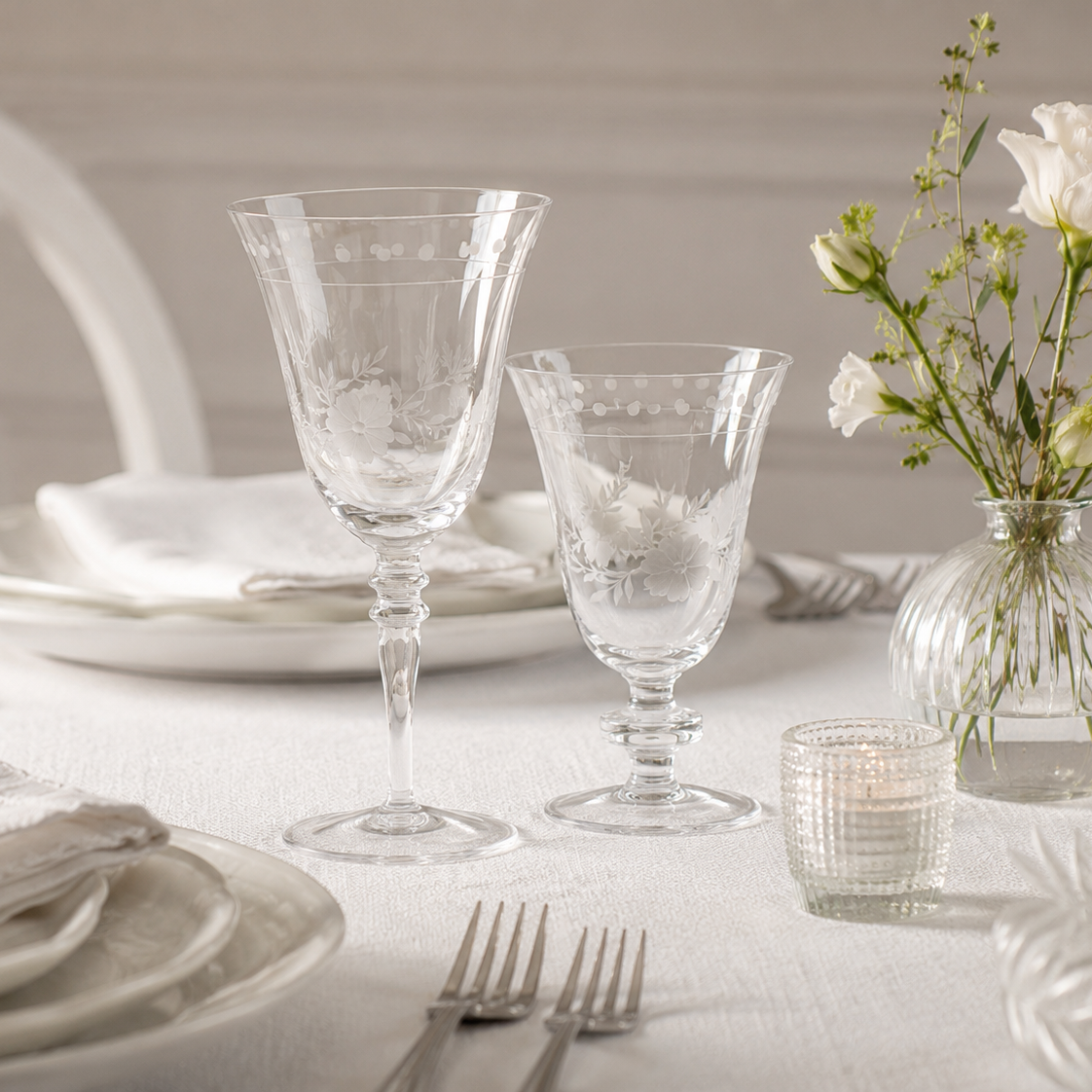 Garden Blossom Etched Glass Wine Glass, Set of 4