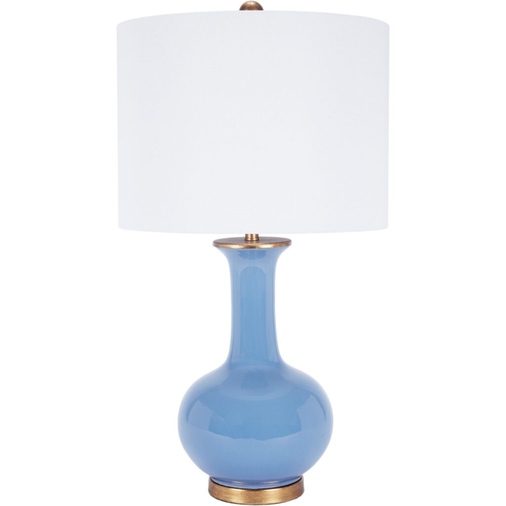 Emerson Parisian Blue Ceramic Table Lamp With White Linen Shade - Noble Designs