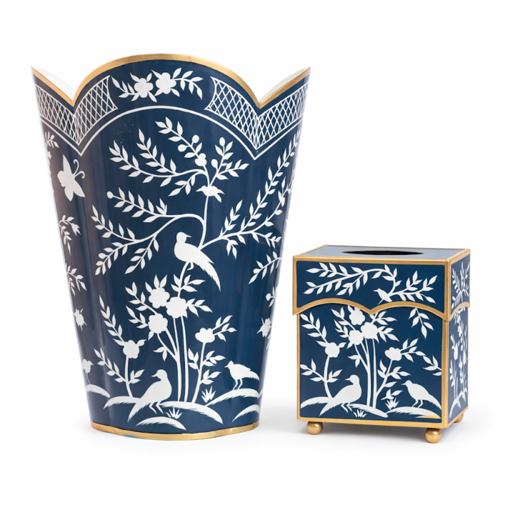 Navy & White Chinoiserie Wastepaper Basket & Tissue-Noble Designs