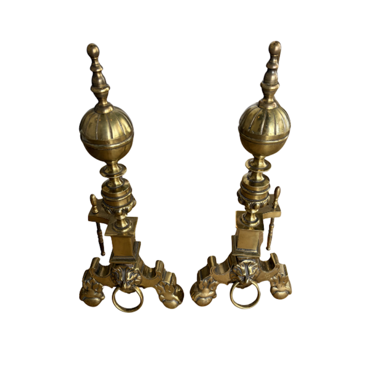 Vintage Brass Tiger Head Andirons, Set of 2 - Noble Designs