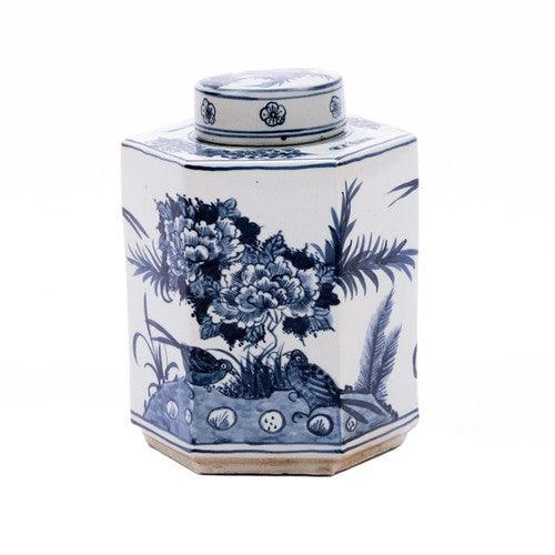 Blue & White Hexagonal Flower Bird Tea Jar - Noble Designs
