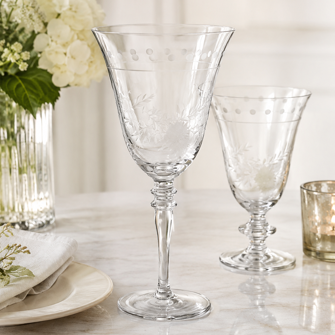 Garden Blossom Etched Glass Wine Glass, Set of 4
