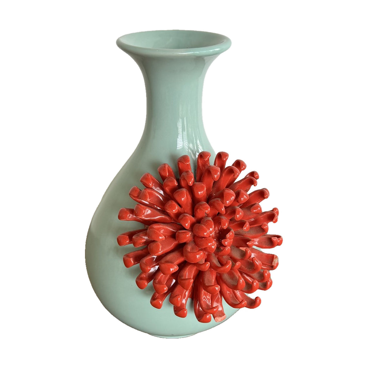 Celadon Vase with Red Chrysanthemum - Noble Designs