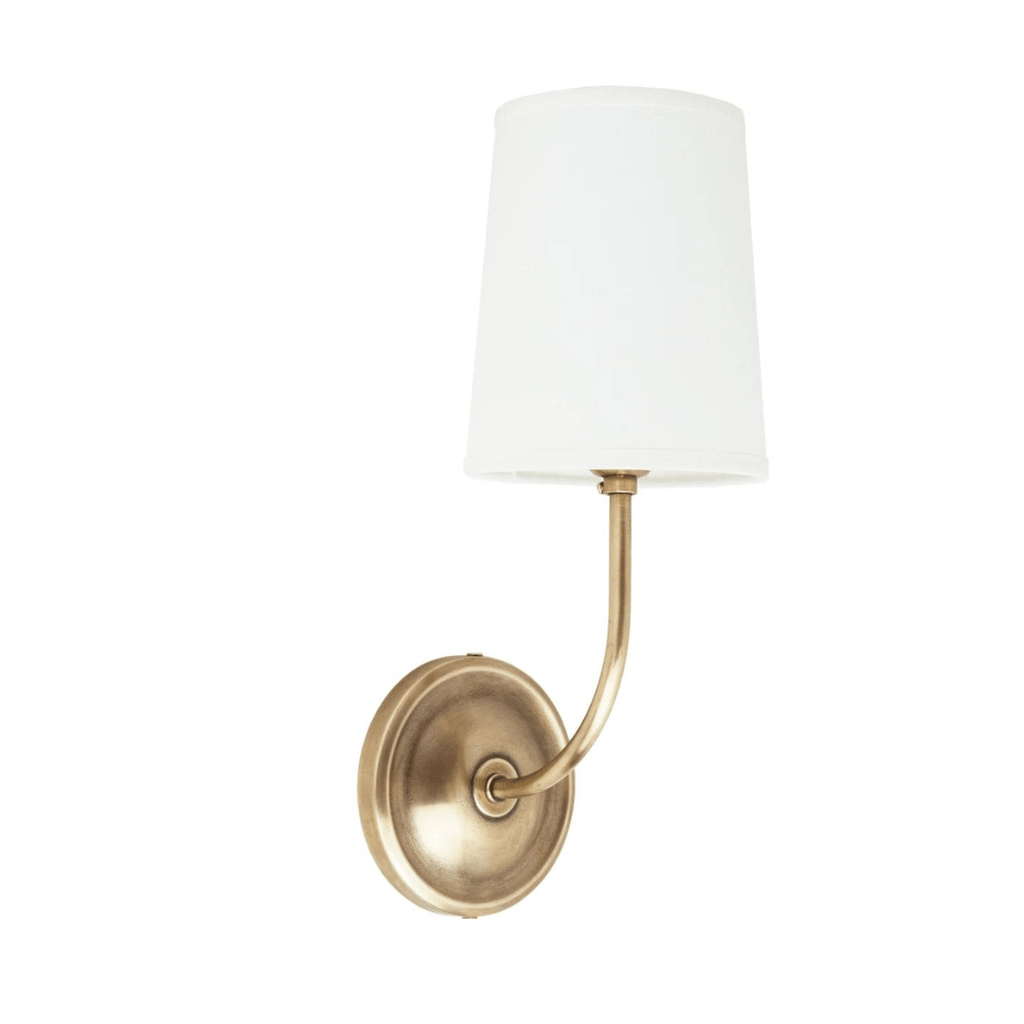 Shepherd Wall Sconce with Linen Shade, Antique Brass - Noble Designs