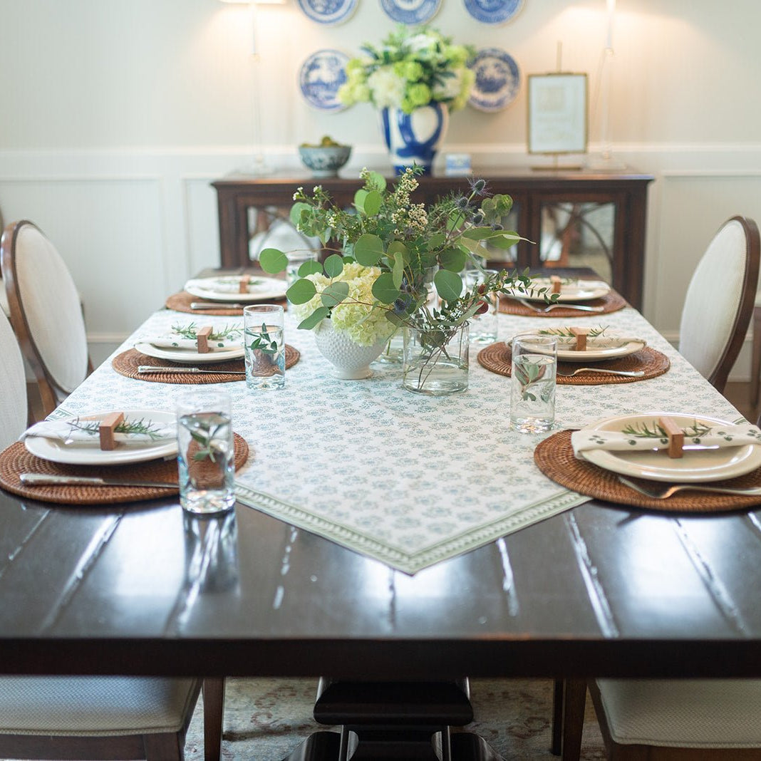 Table Throw in Lotus, Sage & Uniform Blue with Sage Vine Border - Noble Designs