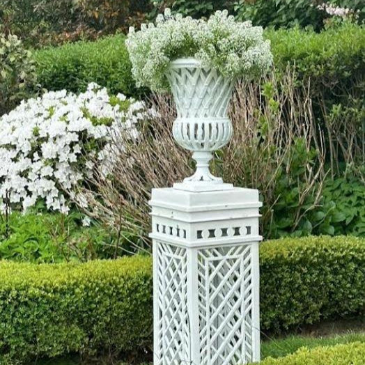 White Cast Aluminum Fretwork Urn and Pedestal - Noble Designs