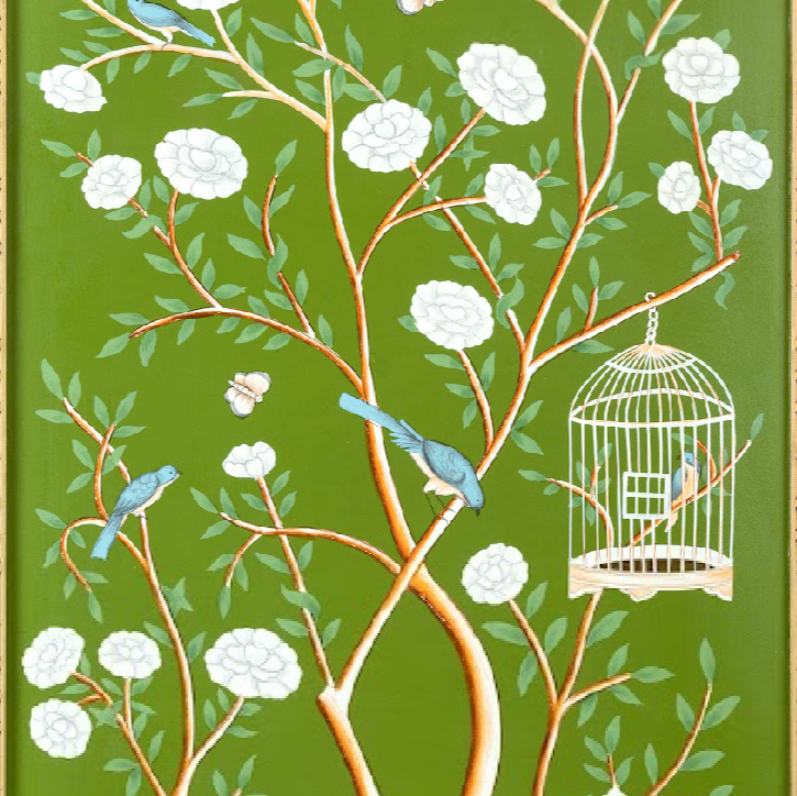 Moss Green And Multicolor Bird Cage Chinoiserie Mural - Noble Designs