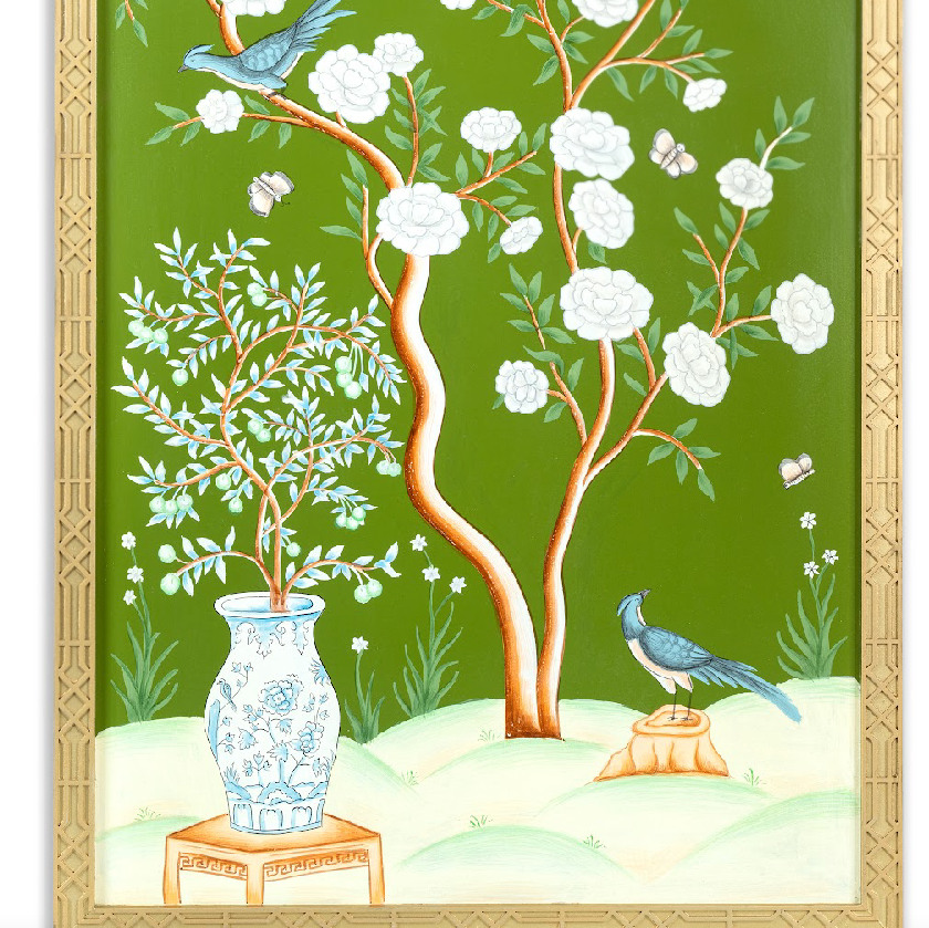 Moss Green And Multicolor Vase Chinoiserie Mural - Noble Designs