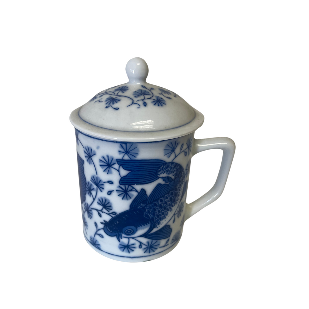 Hand Painted Porcelain Blue White Coffee/Tea Mug With Lid - Noble Designs