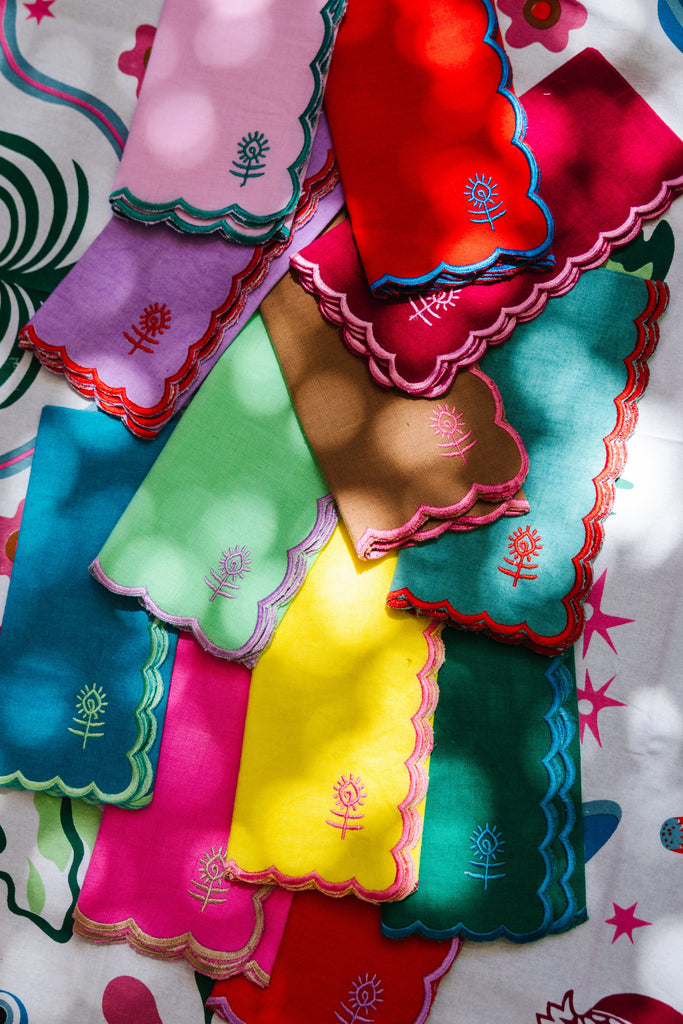 Icon Linen Napkins in Cherry and Peacock, Set of 4 - Noble Designs