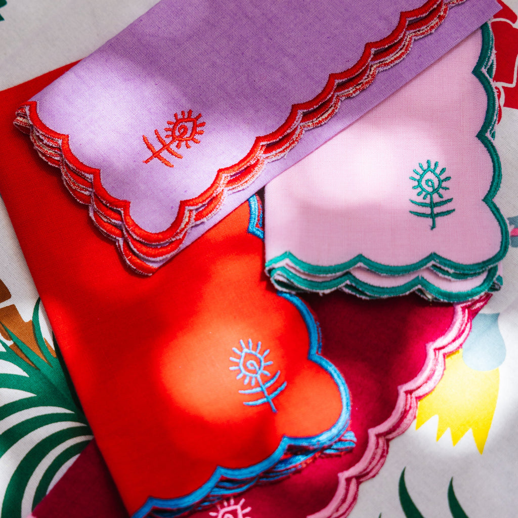 Icon Linen Napkins in Cherry and Peacock, Set of 4 - Noble Designs