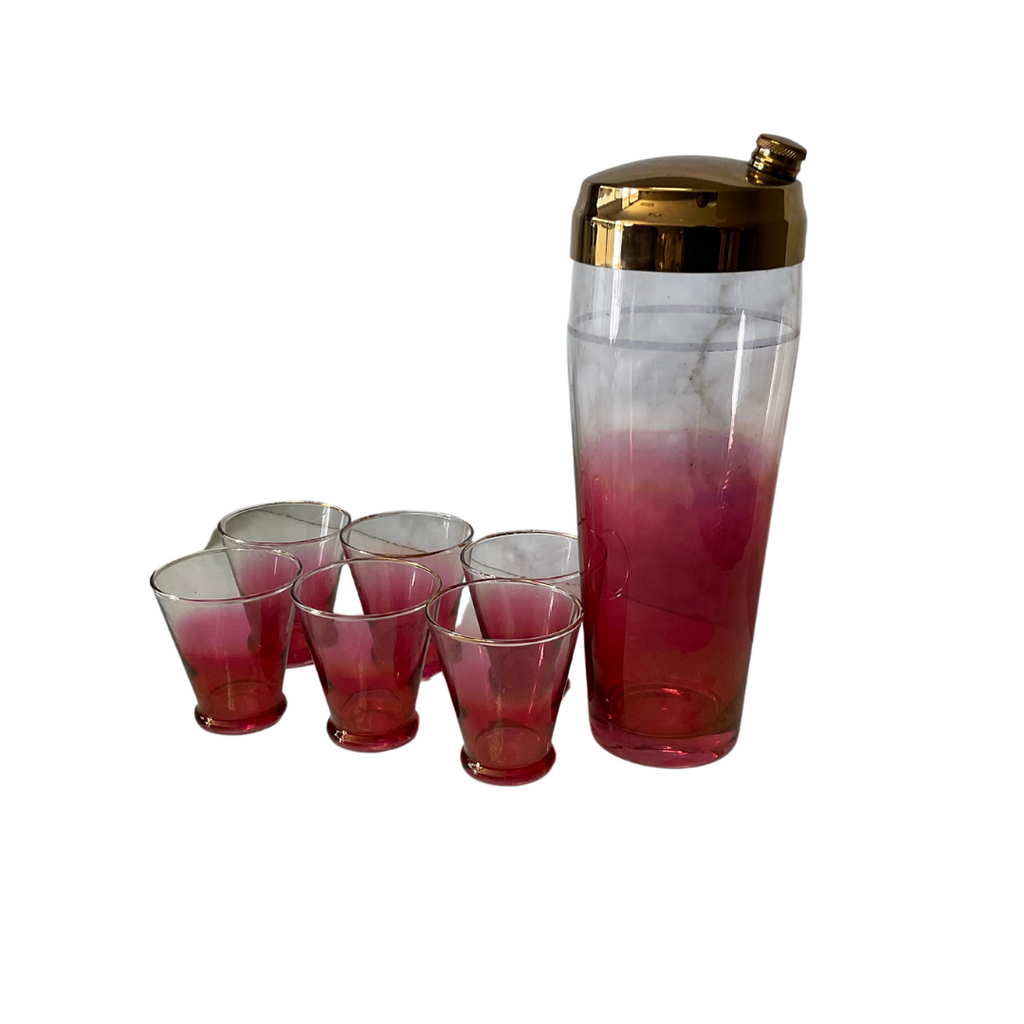 Vintage Cranberry Ombre with Gold Trim and Lid Cocktail Set - Noble Designs