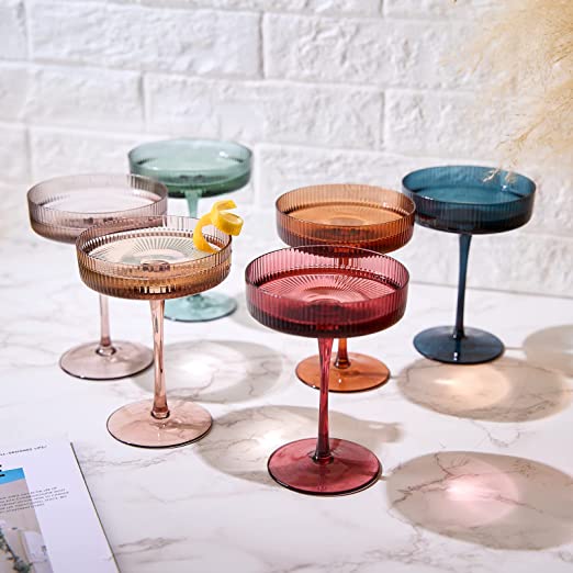 Vintage Art Deco Coupe Glasses Ribbed Coupe Cocktail Glasses, Set of 6