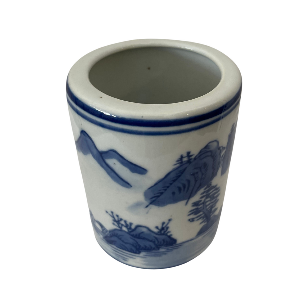 Hand Painted Asian Brush Small Pot Cylinder Vase Blue and White - Noble Designs