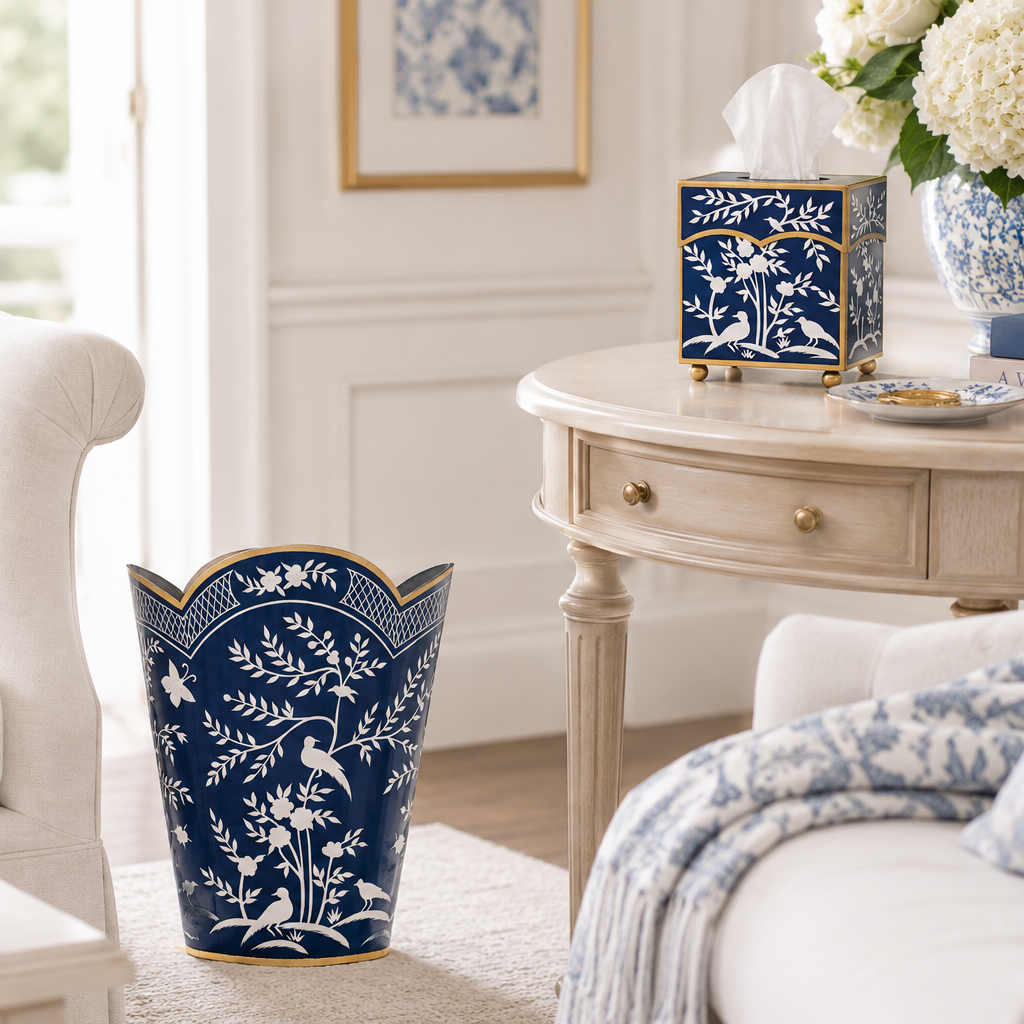 Navy & White Chinoiserie Wastepaper Basket & Tissue-Noble Designs
