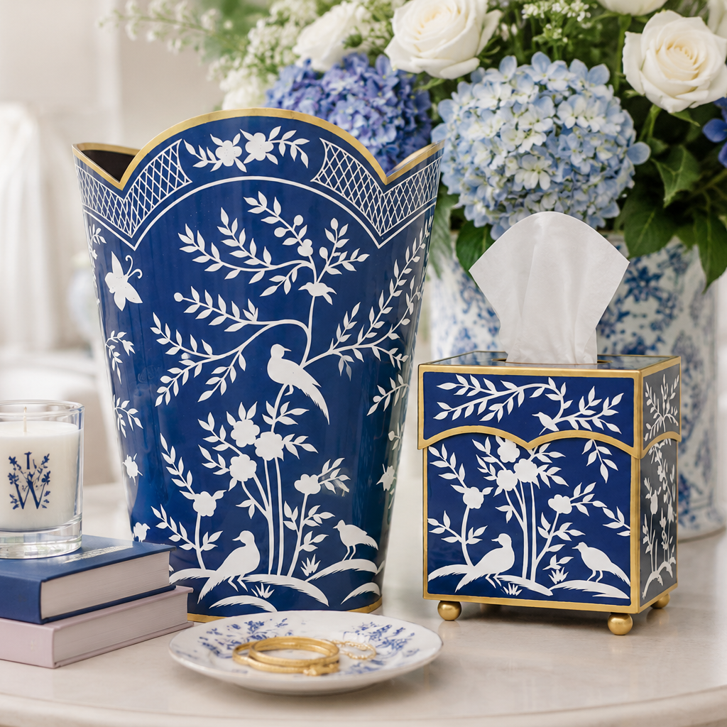 Navy & White Chinoiserie Wastepaper Basket & Tissue-Noble Designs