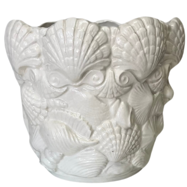 Vintage White Ceramic Seashell Flower Pot - Noble Designs