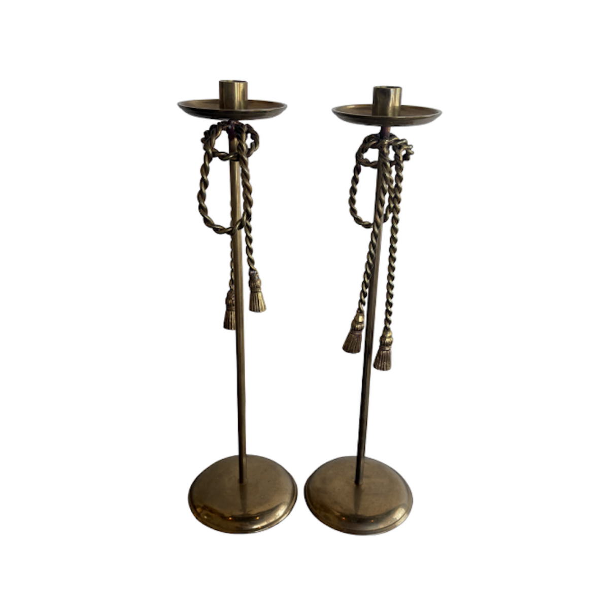 Vintage Tall Brass Tassel Rope Candlesticks, Set of 2 - Noble Designs