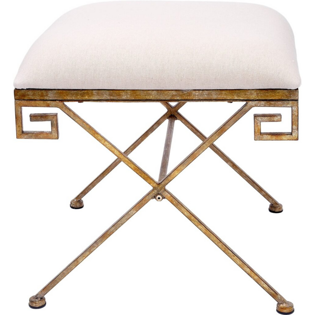 Champagne Gold Greek Key Bench With Oatmeal Linen Cushion - Noble Designs
