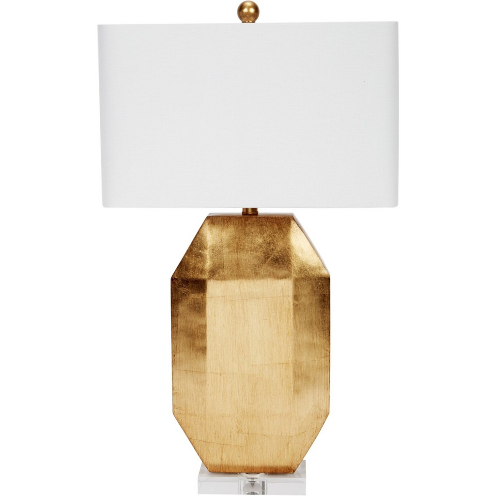 Gold Leaf Shield Table Lamp With Rectangular White Linen Shade And Crystal Base - Noble Designs