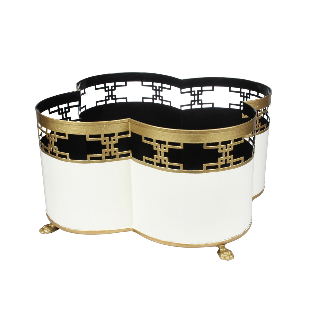 Ivory & Gold Fretwork Boarder Quatrefoil Planter - Noble Designs