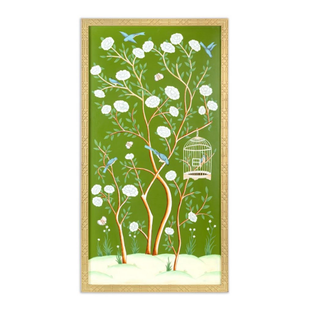 Moss Green And Multicolor Bird Cage Chinoiserie Mural - Noble Designs