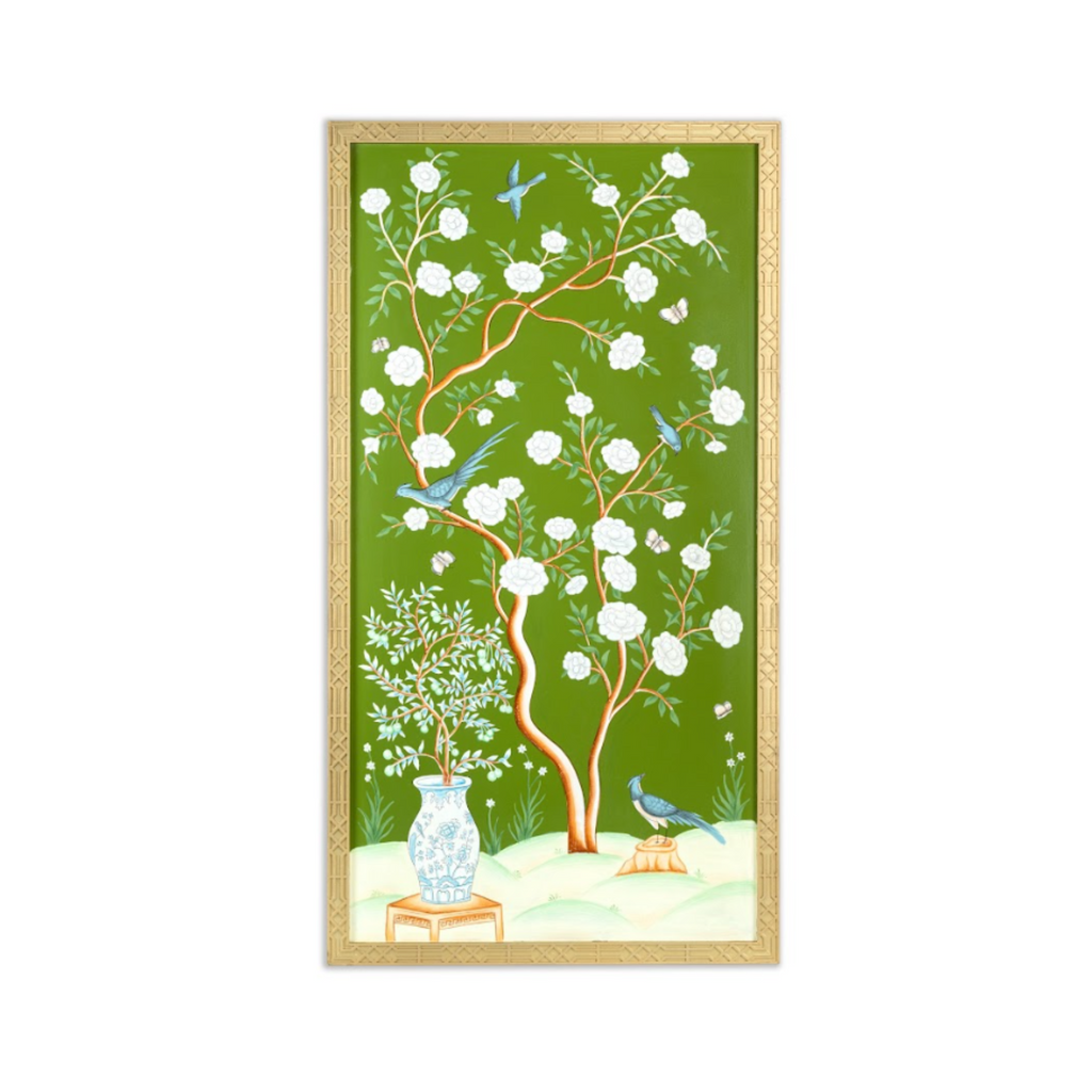 Moss Green And Multicolor Vase Chinoiserie Mural - Noble Designs