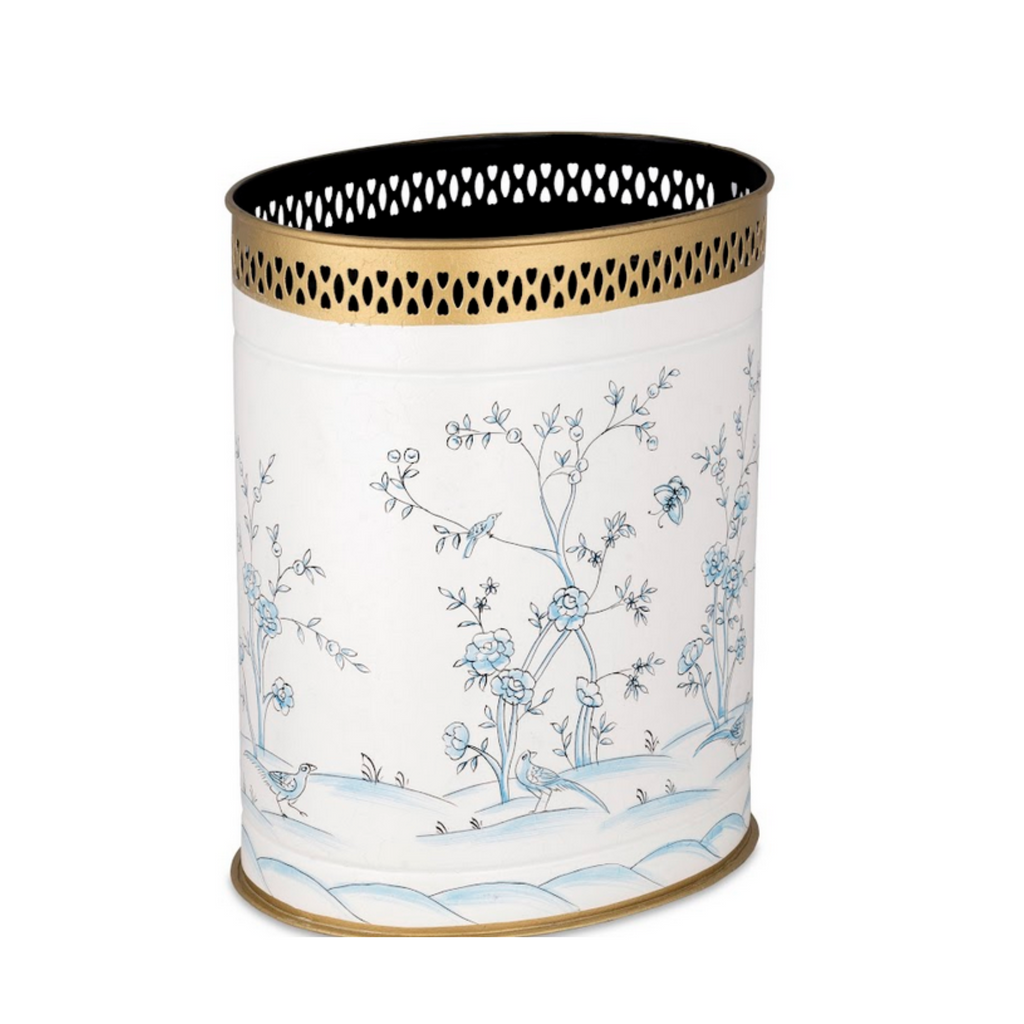 Ivory & Blue Oval Pierced Wastepaper Basket - Noble Designs 