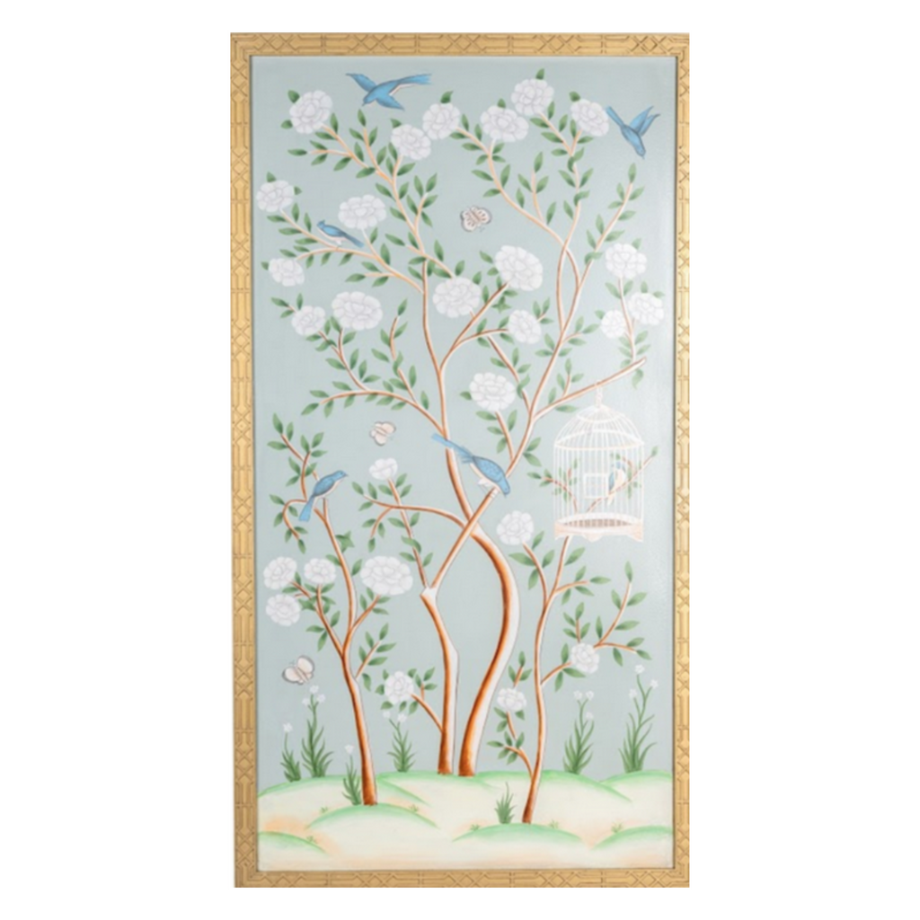 Pale Green And Multicolor Bird Cage Chinoiserie Mural - Noble Designs