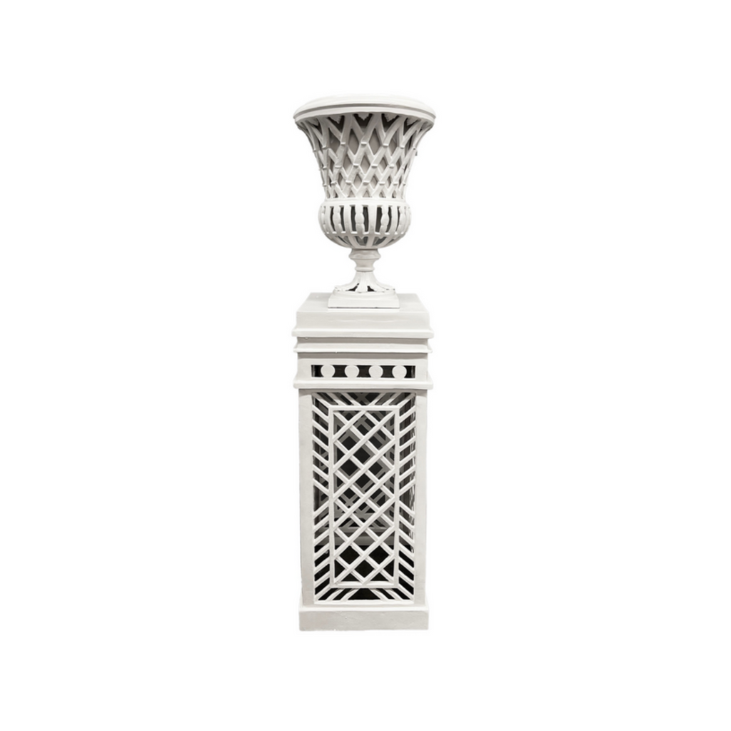 White Cast Aluminum Fretwork Urn and Pedestal - Noble Designs