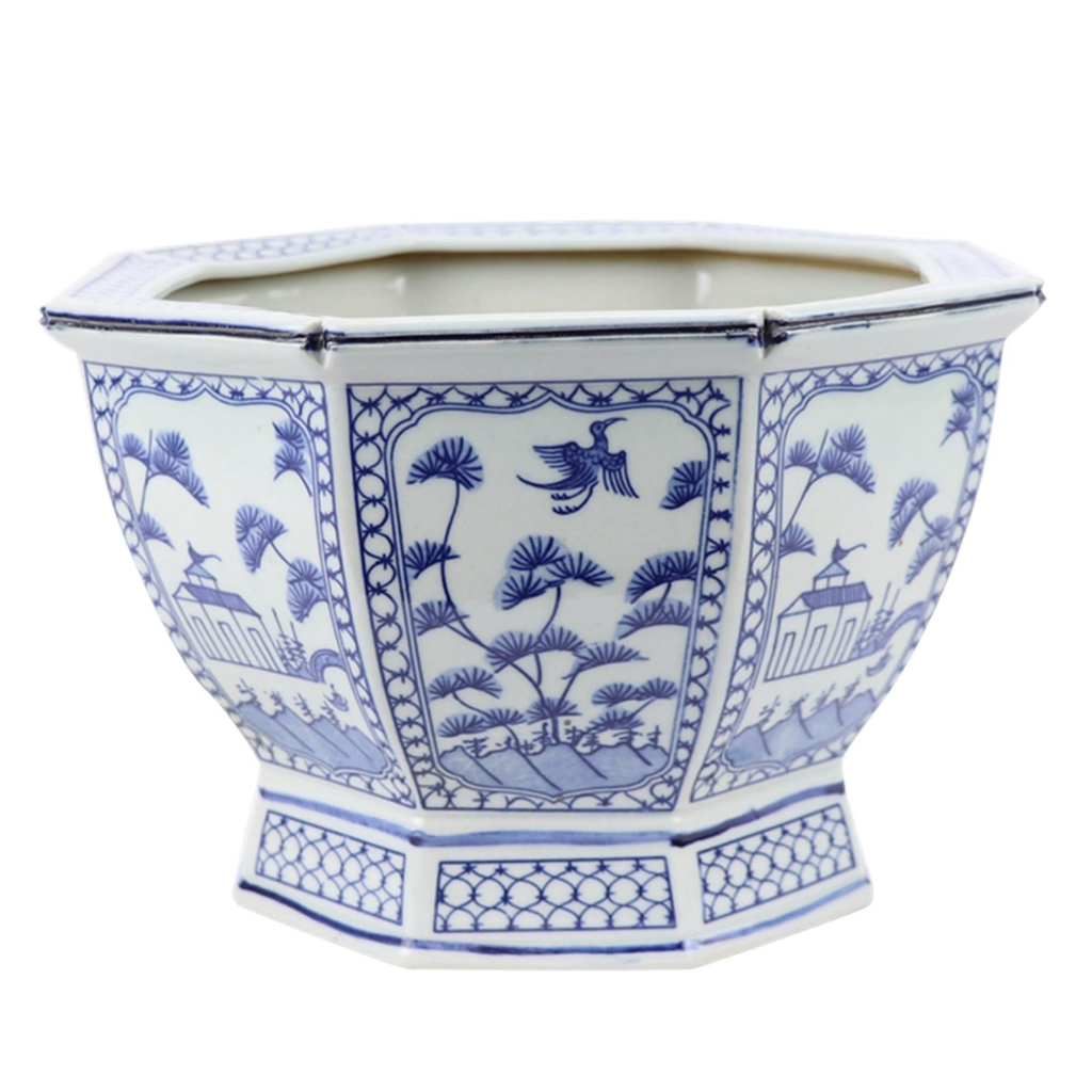 Mid Size Soft Blue Floral and Village Hexagon Planter - Noble Designs