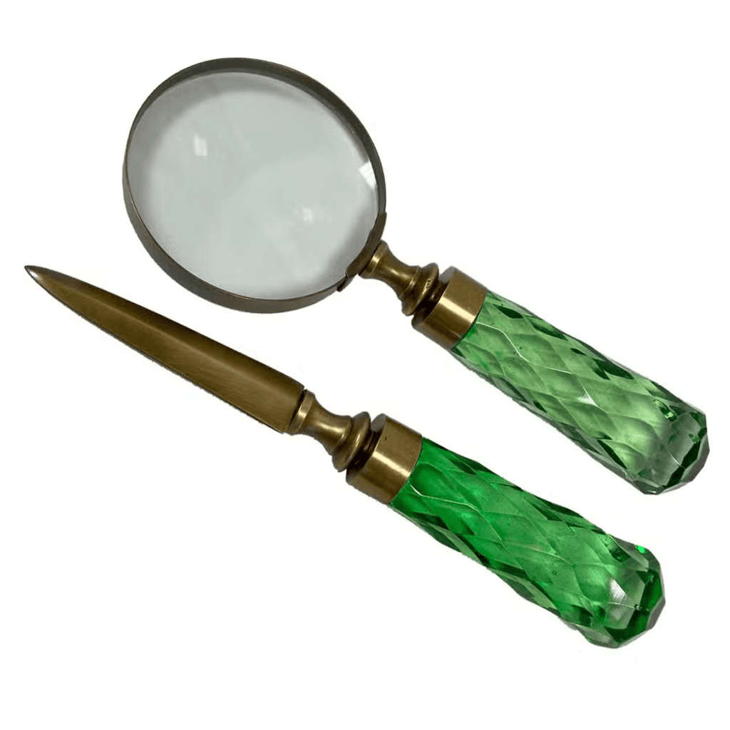 Brass and Glass Magnifier and Letter Opener Desk Set - Noble Designs