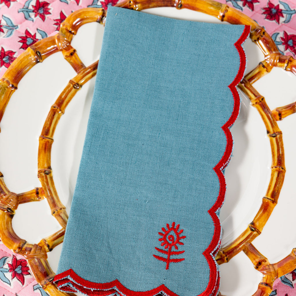 Icon Linen Napkins in Aqua and Cherry, Set of 4 - Noble Designs