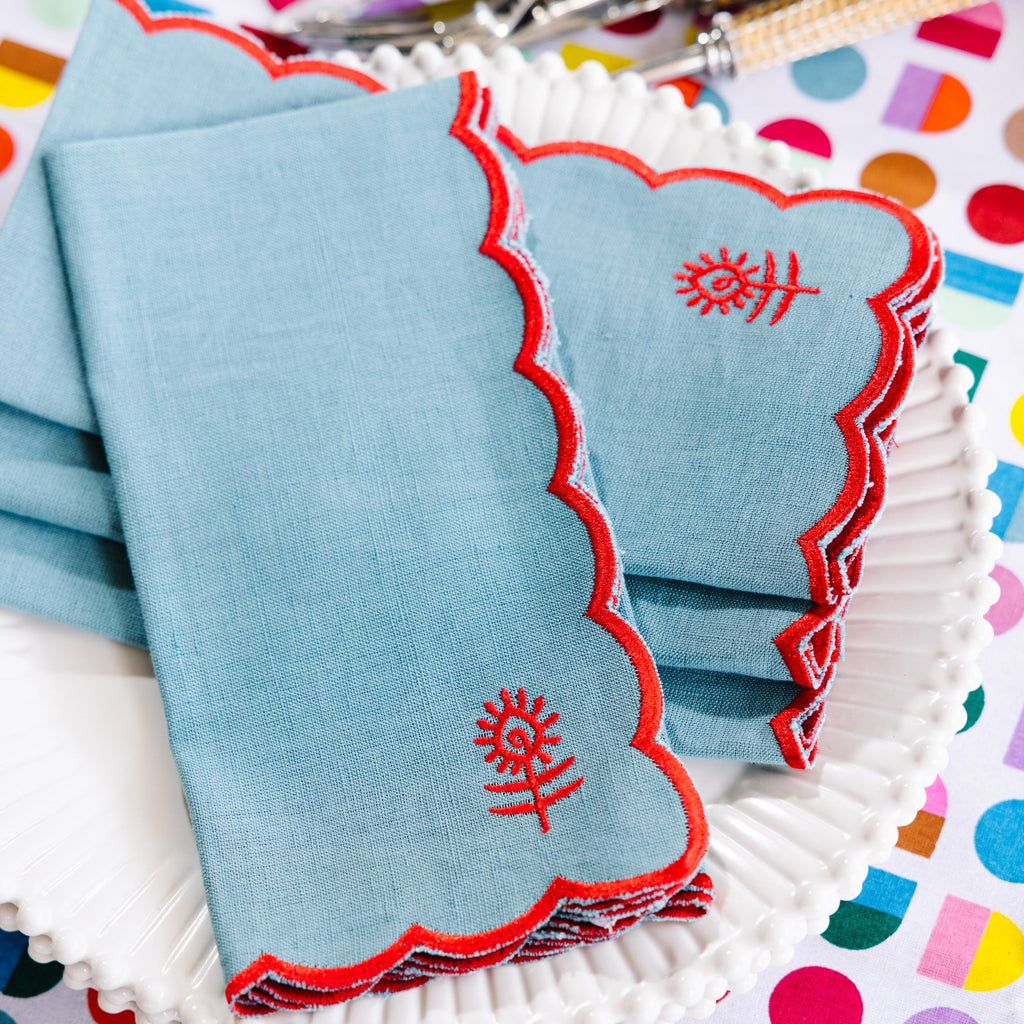 Icon Linen Napkins in Aqua and Cherry, Set of 4 - Noble Designs