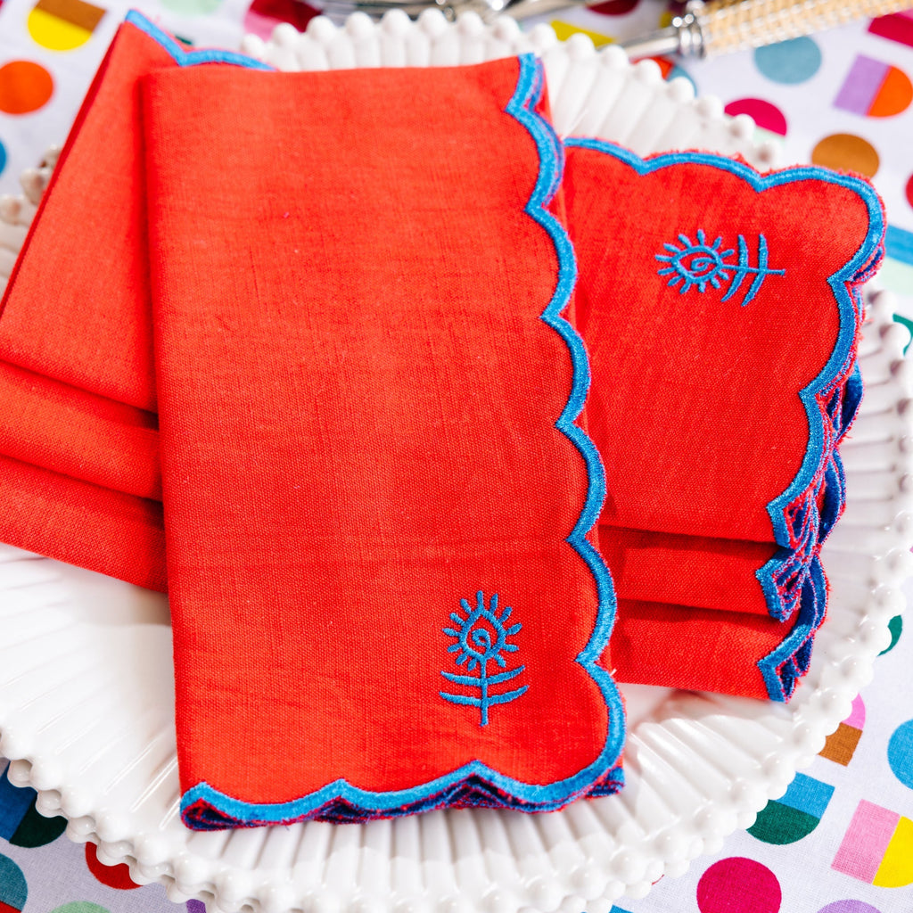 Icon Linen Napkins in Cherry and Peacock, Set of 4 - Noble Designs