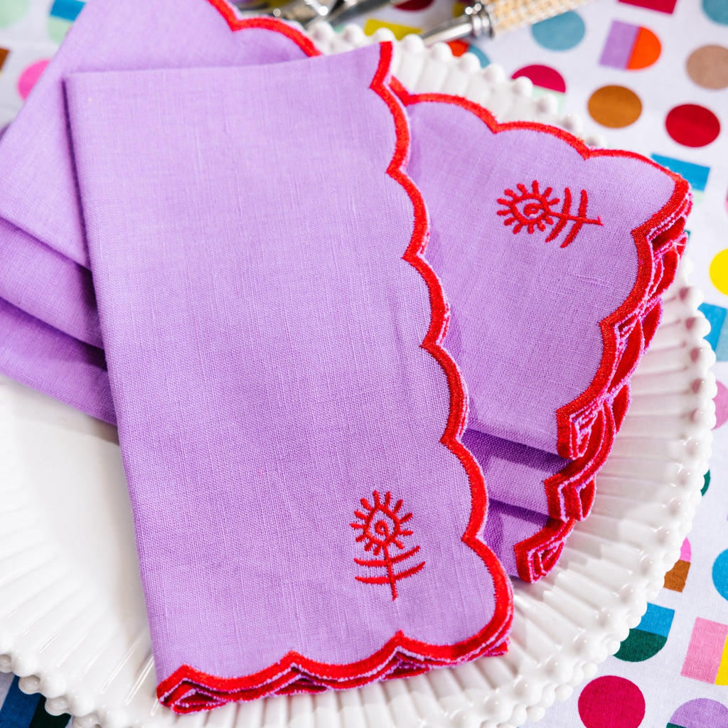 Icon Linen Napkins in Lilac and Cherry, Set of 4 - Noble Designs