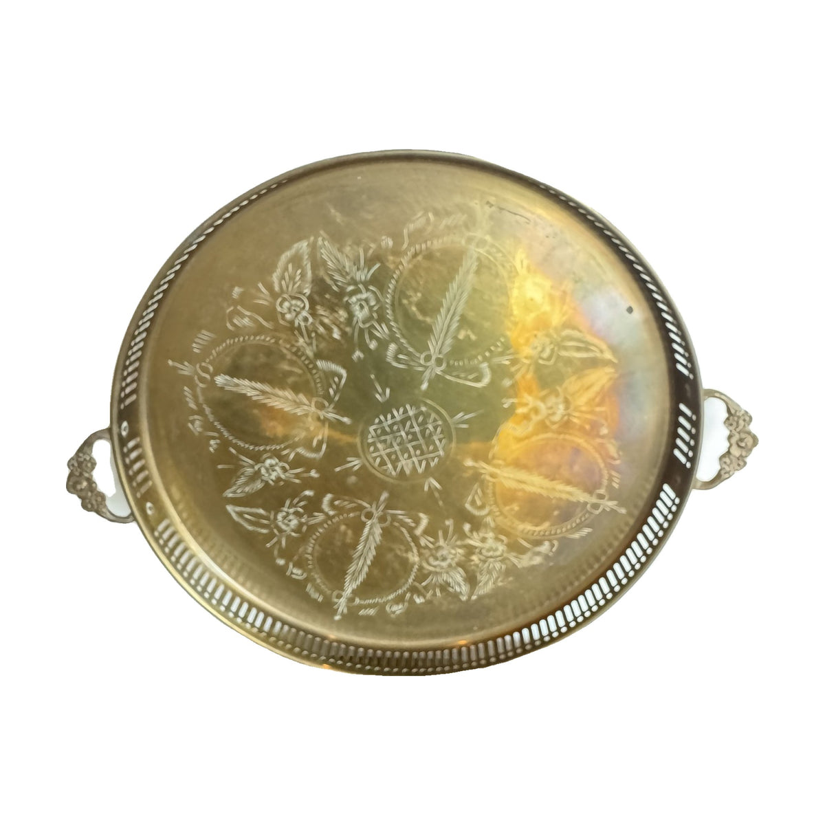 Brass Round Handle Tray with Filigree Edge, Large - Noble Designs