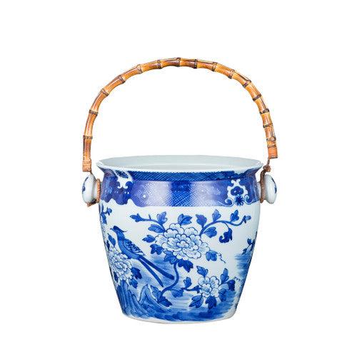 Porcelain Bird Floral Wine Bucket With Bamboo Handle - Noble Designs