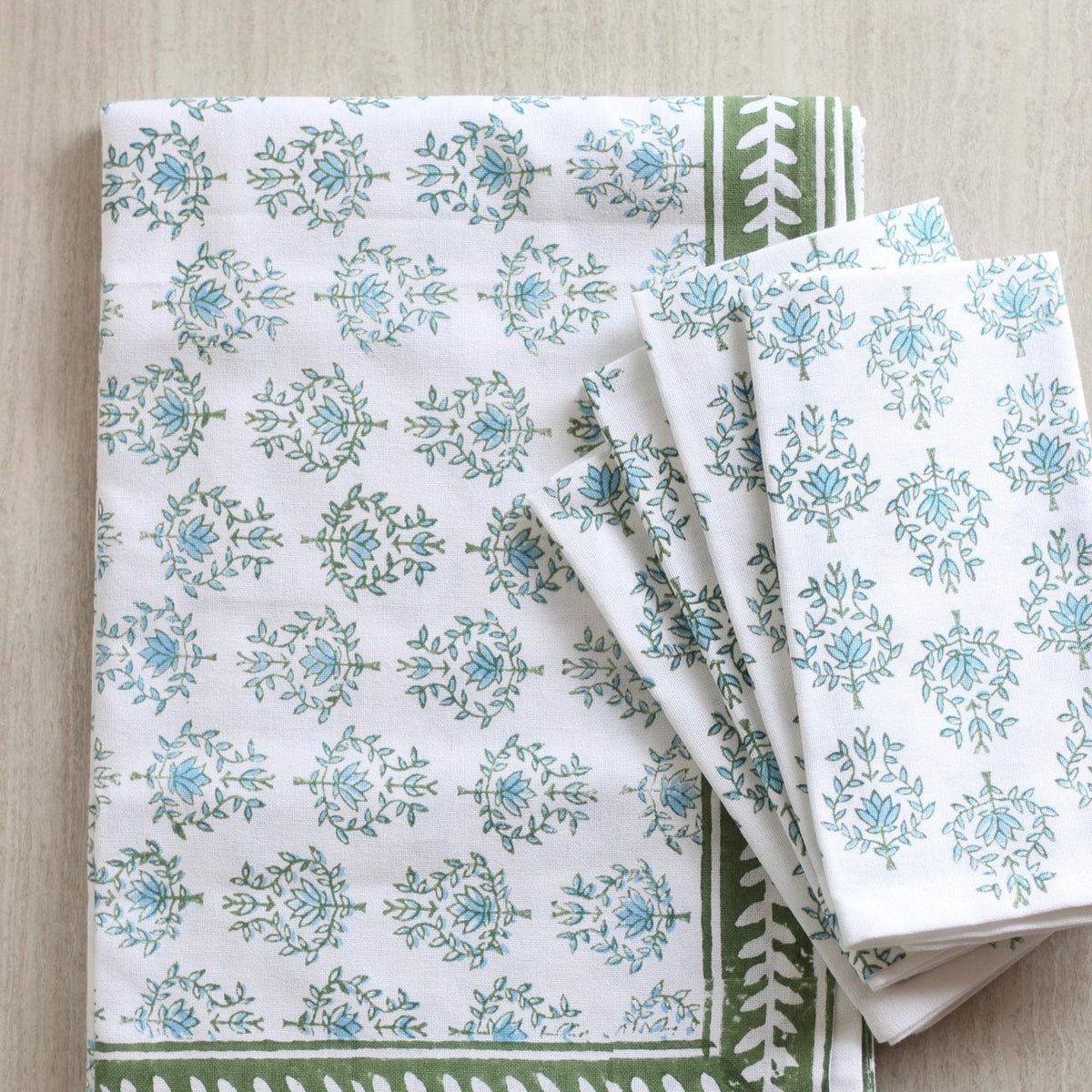 Table Throw in Lotus, Sage & Uniform Blue with Sage Vine Border - Noble Designs