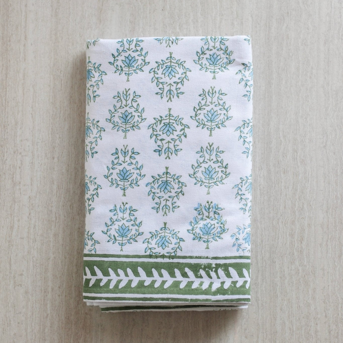 Table Throw in Lotus, Sage & Uniform Blue with Sage Vine Border - Noble Designs