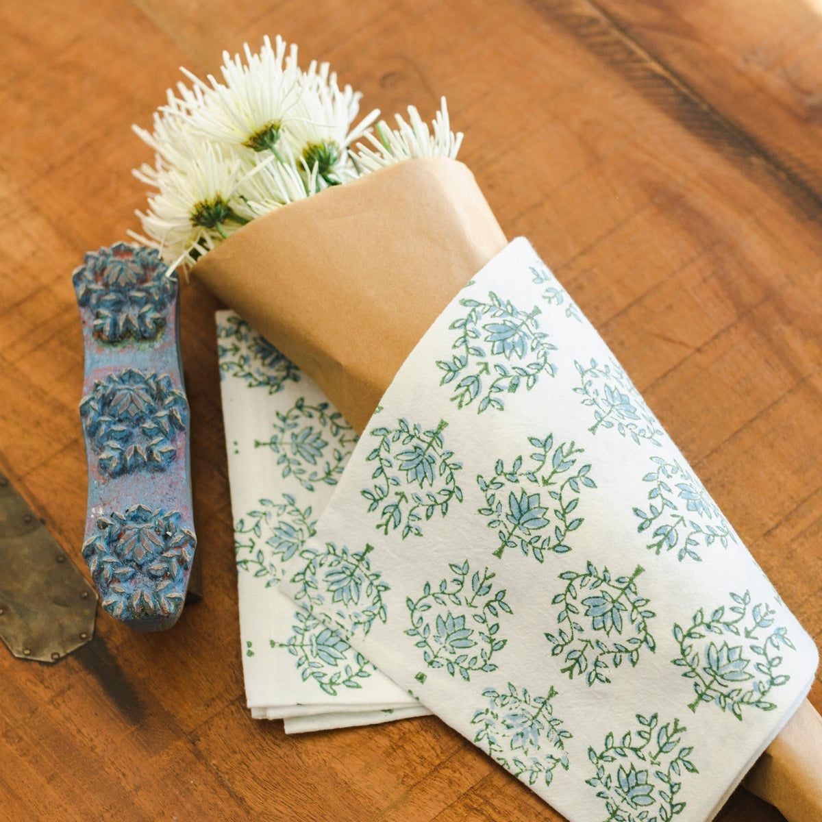 Tea Towel in Lotus, Sage & Uniform Blue - Noble Designs